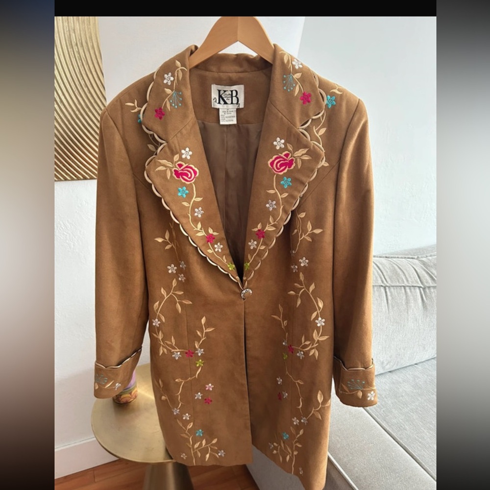 Vtg Bohemian Tan Embroidered Western Long Jacket / Coat Size 18